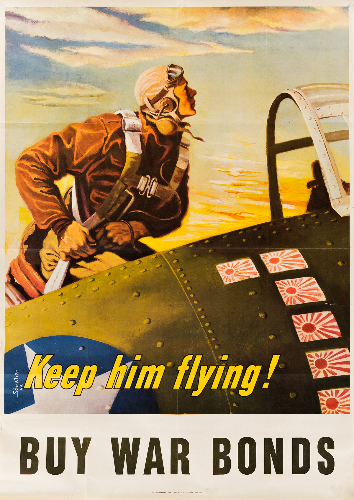 GEORGES SCHREIBER (1904-1977). KEEP HIM FLYING! / BUY WAR BONDS. 1943. 40x28 inches, 101x72 cm. U.S. Government Printing Office, [Washi